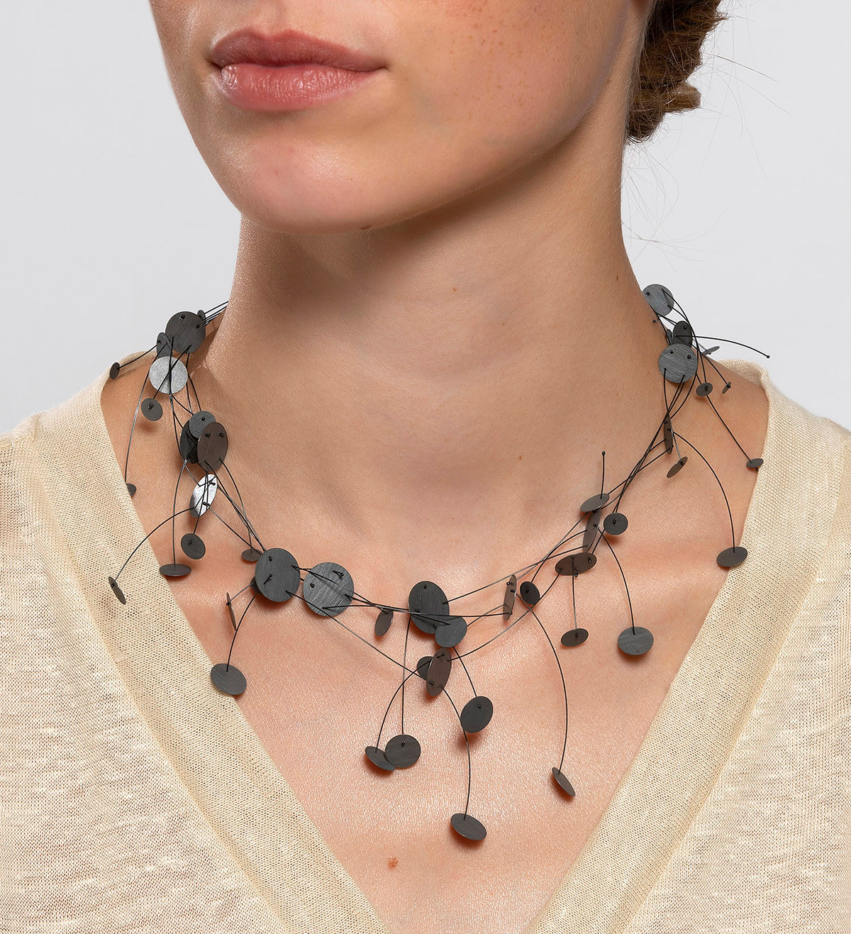 Oxidized silver necklace Pluja black nylon 45cm
